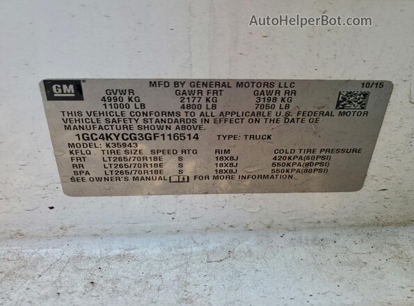 1GC4KYCG3GF116514 2016 CHEVROLET SILVERADO White Widok naklejki z numerem VIN