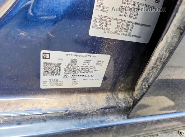 1GC4YNEY9NF216133 2022 CHEVROLET SILVERADO Blue Widok komory silnika
