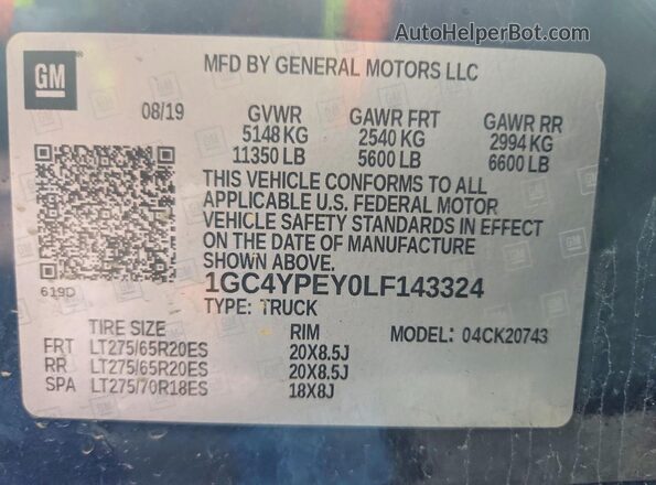 1GC4YPEY0LF143324 2020 CHEVROLET SILVERADO Blue ძრავის განყოფილების ხედი