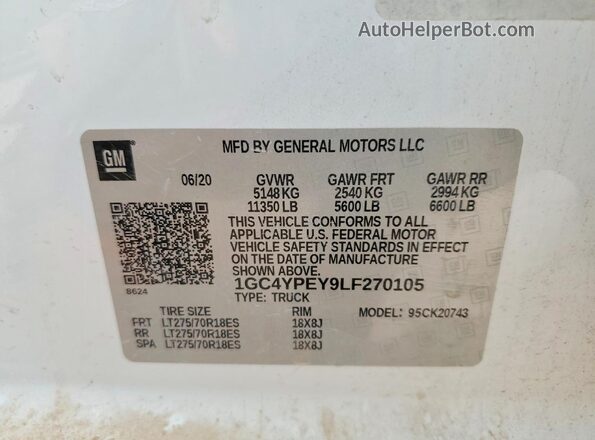 1GC4YPEY9LF270105 2020 CHEVROLET SILVERADO White ძრავის განყოფილების ხედი