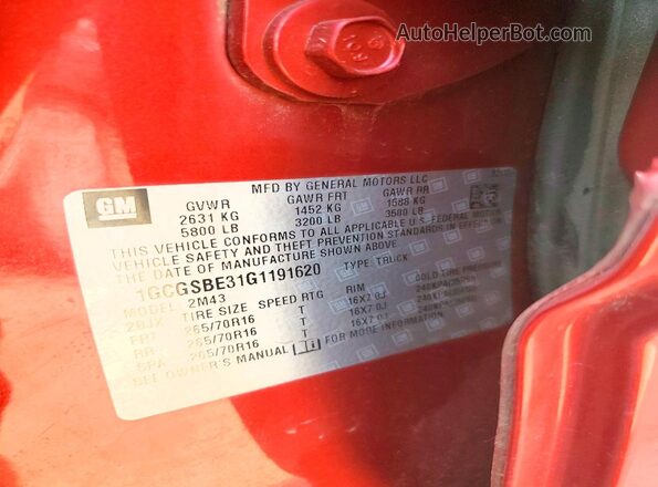 1GCGSBE31G1191620 2016 CHEVROLET COLORADO Orange Vista de la etiqueta del VIN