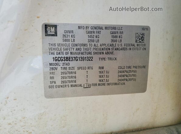 1GCGSBE37G1391322 2016 CHEVROLET COLORADO Белый Вид подкапотного пространства