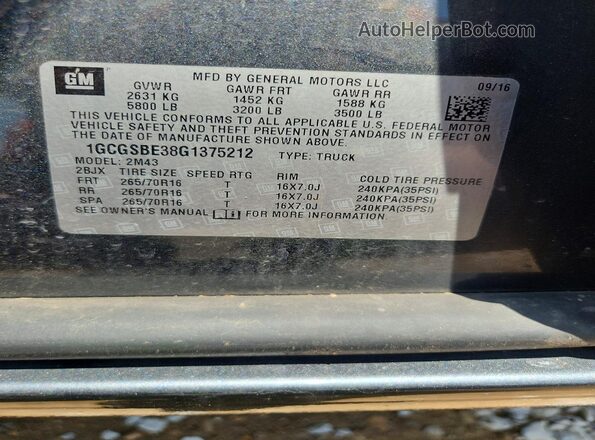1GCGSBE38G1375212 2016 CHEVROLET COLORADO Gray Vista de la etiqueta del VIN