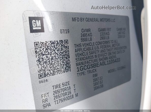 1GCGSBEA0L1105433 2020 CHEVROLET COLORADO White Widok komory silnika