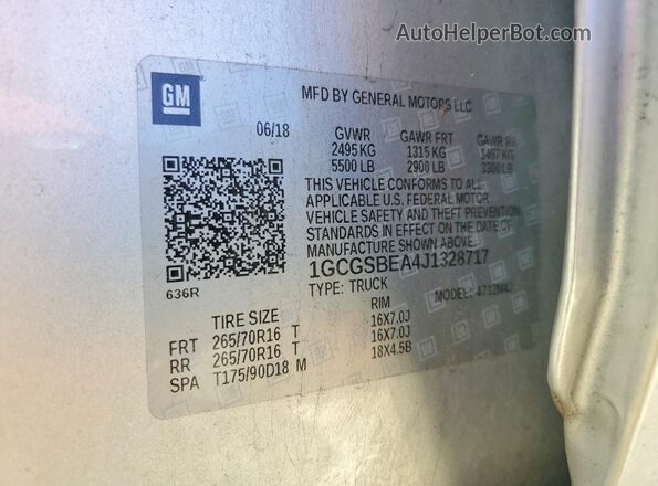 1GCGSBEA4J1328717 2018 CHEVROLET COLORADO Silver Շարժիչի բաժամունքի տեսք