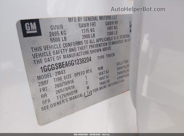 1GCGSBEA6G1238204 2016 CHEVROLET COLORADO White Вид підкапотного простору