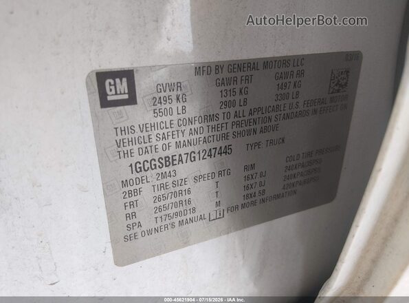 1GCGSBEA7G1247445 2016 CHEVROLET COLORADO White Engine compartment view