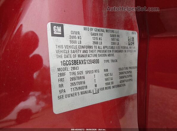 1GCGSBEAXG1284800 2016 CHEVROLET COLORADO Red Շարժիչի բաժամունքի տեսք