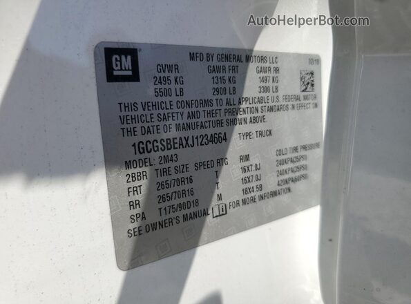 1GCGSBEAXJ1234664 2018 CHEVROLET COLORADO White Вид підкапотного простору