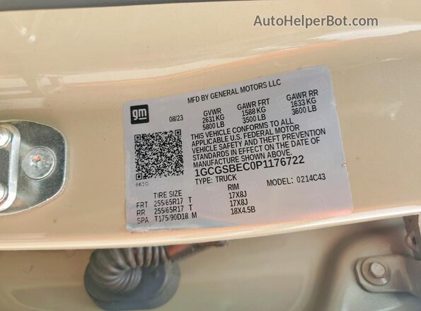 1GCGSBEC0P1176722 2023 CHEVROLET COLORADO Tan Вид наклейки з VIN-кодом