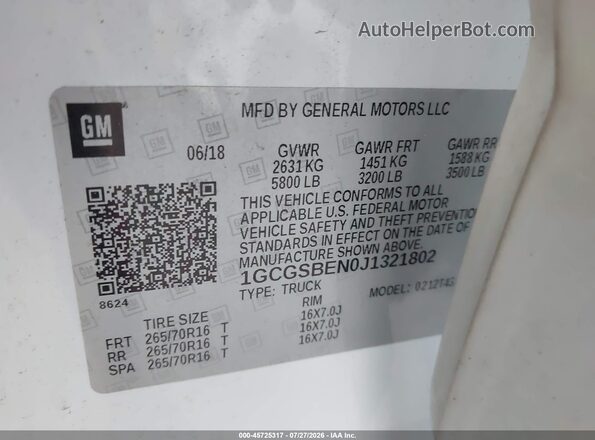 1GCGSBEN0J1321802 2018 CHEVROLET COLORADO Белый Вид подкапотного пространства