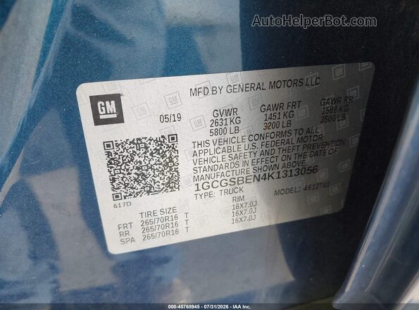 1GCGSBEN4K1313056 2019 CHEVROLET COLORADO Blue Engine compartment view