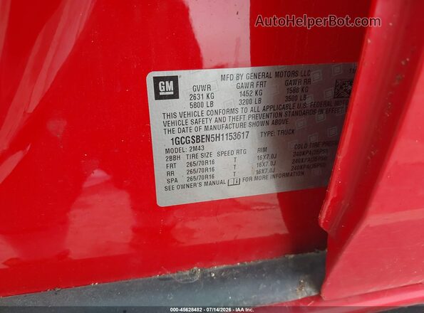 1GCGSBEN5H1153617 2017 CHEVROLET COLORADO Красный Вид подкапотного пространства