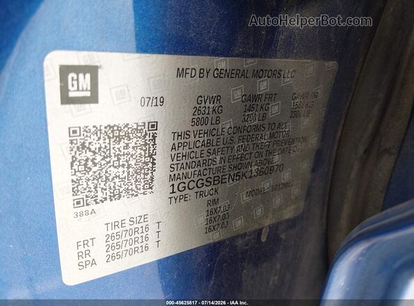 1GCGSBEN5K1360970 2019 CHEVROLET COLORADO Blue Շարժիչի բաժամունքի տեսք