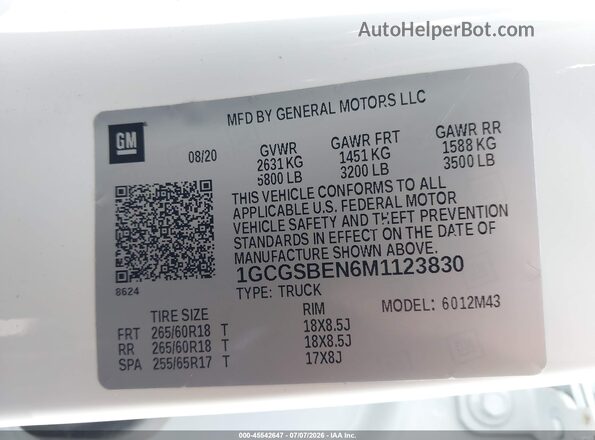 1GCGSBEN6M1123830 2021 CHEVROLET COLORADO White Widok komory silnika