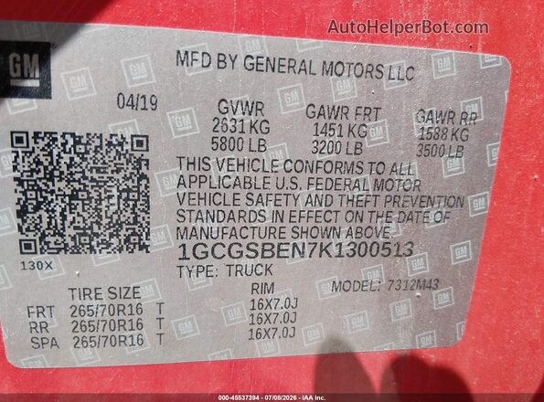 1GCGSBEN7K1300513 2019 CHEVROLET COLORADO Red Engine compartment view