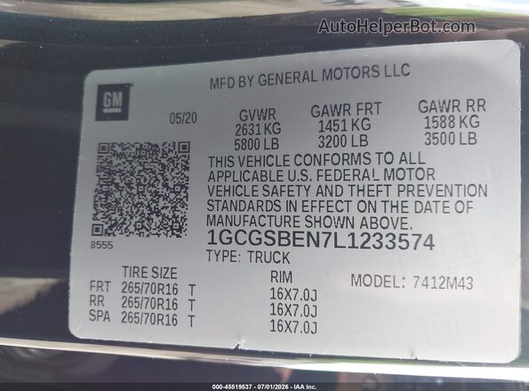 1GCGSBEN7L1233574 2020 CHEVROLET COLORADO Black Вид підкапотного простору