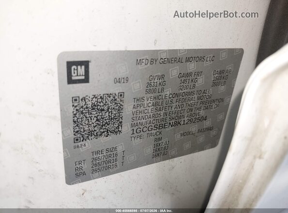 1GCGSBEN8K1292504 2019 CHEVROLET COLORADO White Widok komory silnika