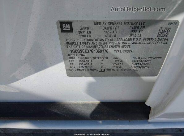 1GCGSCE37G1369178 2016 CHEVROLET COLORADO White Вид підкапотного простору