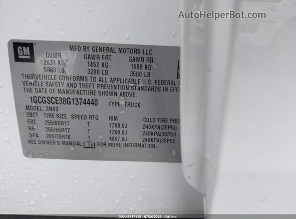 1GCGSCE38G1374440 2016 CHEVROLET COLORADO White Շարժիչի բաժամունքի տեսք