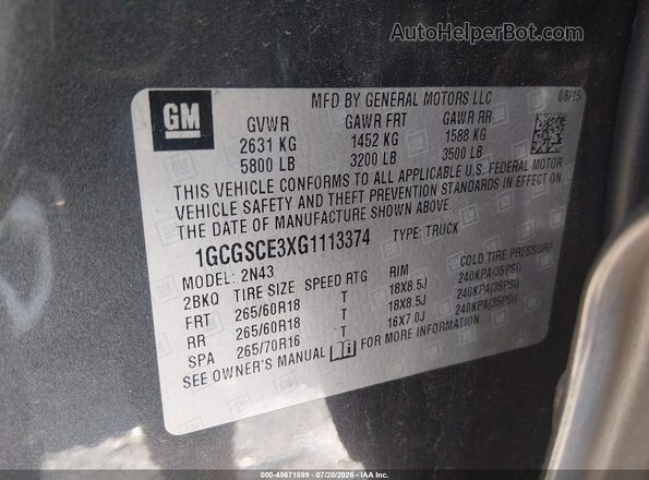 1GCGSCE3XG1113374 2016 CHEVROLET COLORADO Gray Вид підкапотного простору