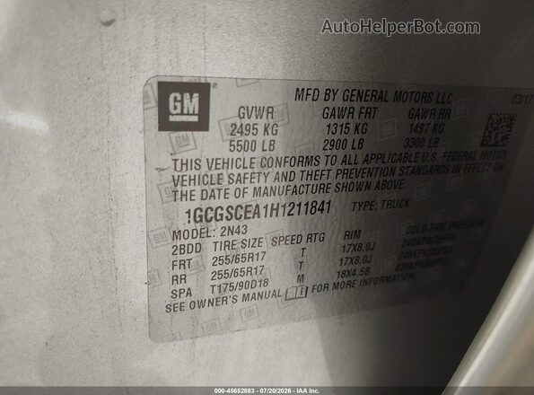 1GCGSCEA1H1211841 2017 CHEVROLET COLORADO Silver Widok komory silnika