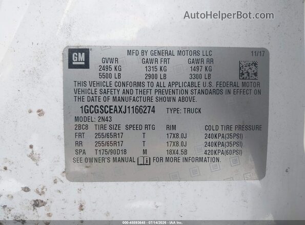 1GCGSCEAXJ1166274 2018 CHEVROLET COLORADO White Widok komory silnika