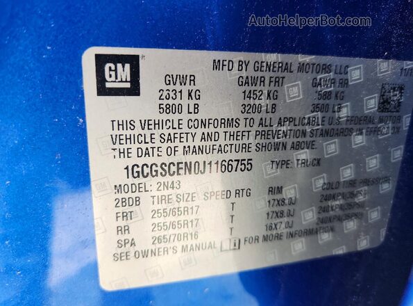 1GCGSCEN0J1166755 2018 CHEVROLET COLORADO Blue Vista del compartimento del motor