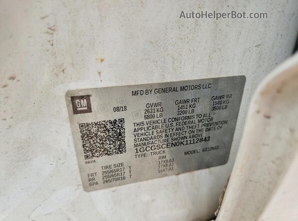 1GCGSCEN0K1112843 2019 CHEVROLET COLORADO White Engine compartment view
