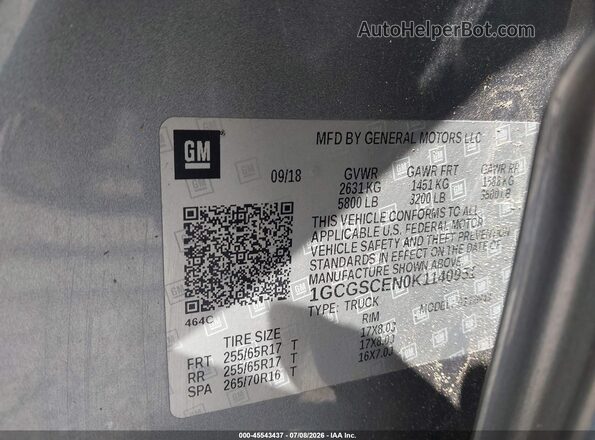 1GCGSCEN0K1140951 2019 CHEVROLET COLORADO Gray Շարժիչի բաժամունքի տեսք