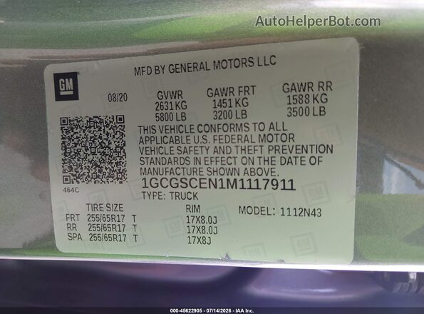 1GCGSCEN1M1117911 2021 CHEVROLET COLORADO Gray VIN კოდის სტიკერის ხედი