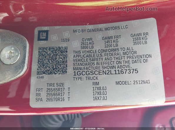 1GCGSCEN2L1167375 2020 CHEVROLET COLORADO Red Вид підкапотного простору