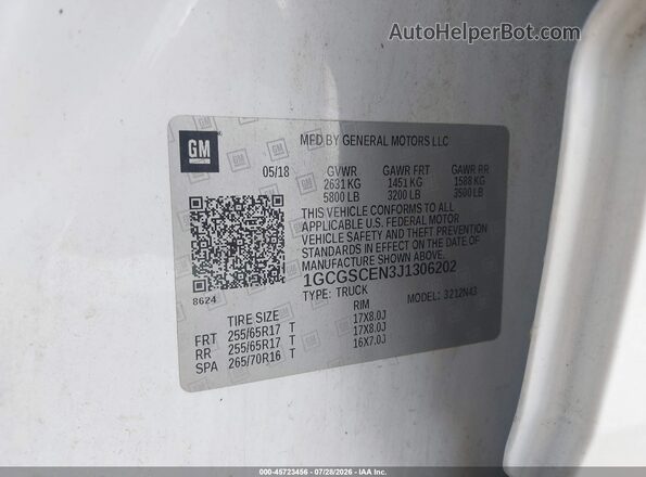 1GCGSCEN3J1306202 2018 CHEVROLET COLORADO Белый Вид подкапотного пространства