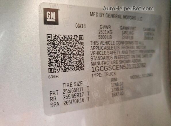 1GCGSCEN5J1313782 2018 CHEVROLET COLORADO Серебряный Вид наклейки с VIN-кодом