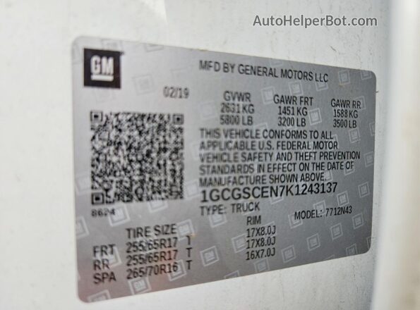 1GCGSCEN7K1243137 2019 CHEVROLET COLORADO White Vista del compartimento del motor
