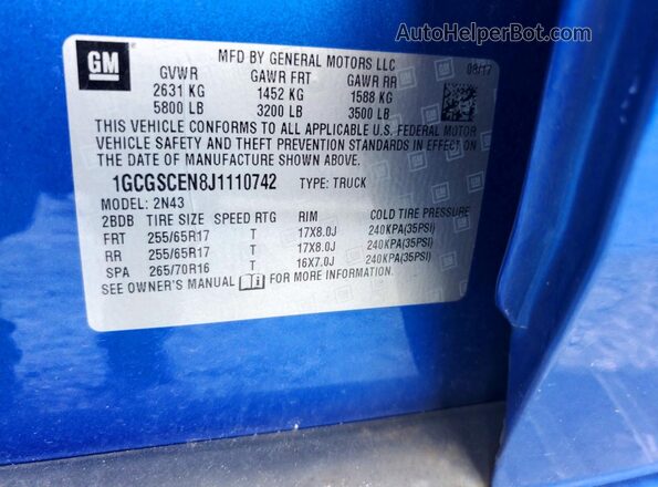 1GCGSCEN8J1110742 2018 CHEVROLET COLORADO Blue Widok naklejki z numerem VIN