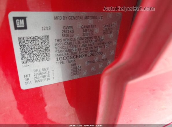 1GCGSCENXK1205000 2019 CHEVROLET COLORADO Red Շարժիչի բաժամունքի տեսք