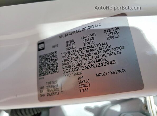 1GCGSCENXN1243945 2022 CHEVROLET COLORADO White Widok naklejki z numerem VIN