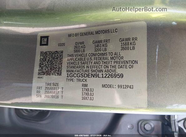 1GCGSDEN9L1226959 2020 CHEVROLET COLORADO Gray Շարժիչի բաժամունքի տեսք