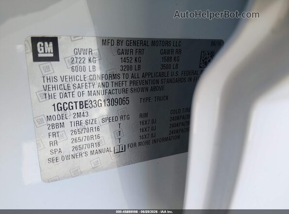 1GCGTBE33G1309065 2016 CHEVROLET COLORADO White Vista del compartimento del motor