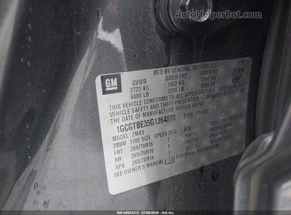 1GCGTBE35G1264873 2016 CHEVROLET COLORADO Серый Вид подкапотного пространства