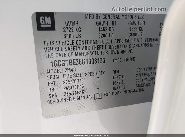 1GCGTBE36G1308153 2016 CHEVROLET COLORADO White Вид підкапотного простору