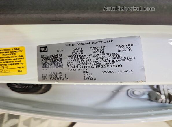 1GCGTBEC4P1161900 2023 CHEVROLET COLORADO White VIN კოდის სტიკერის ხედი
