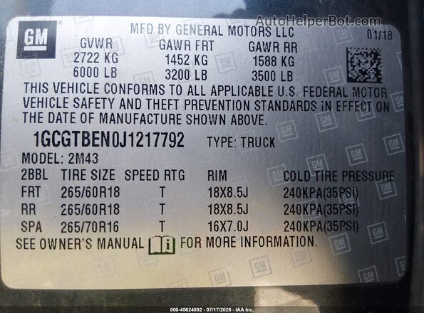 1GCGTBEN0J1217792 2018 CHEVROLET COLORADO Gray Engine compartment view