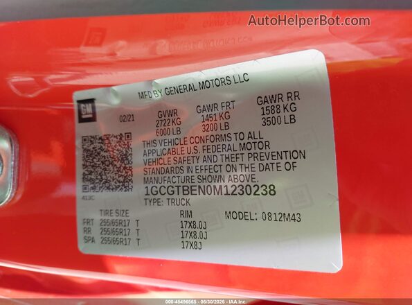 1GCGTBEN0M1230238 2021 CHEVROLET COLORADO Orange ძრავის განყოფილების ხედი