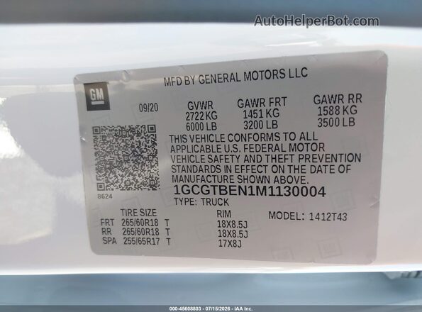 1GCGTBEN1M1130004 2021 CHEVROLET COLORADO White Widok komory silnika