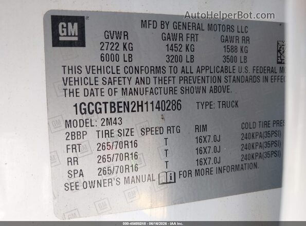 1GCGTBEN2H1140286 2017 CHEVROLET COLORADO White Widok komory silnika
