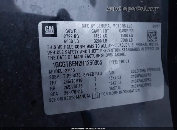 1GCGTBEN2H1250965 2017 CHEVROLET COLORADO Black Vista del compartimento del motor