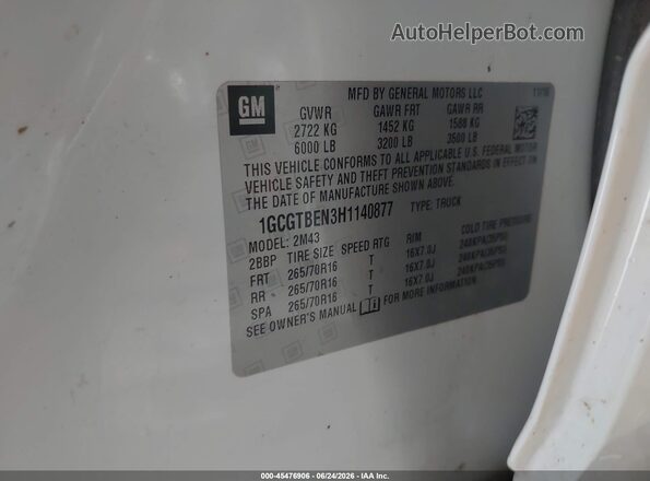 1GCGTBEN3H1140877 2017 CHEVROLET COLORADO Белый Вид подкапотного пространства