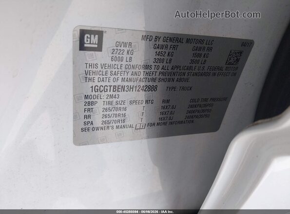 1GCGTBEN3H1242888 2017 CHEVROLET COLORADO  Widok komory silnika